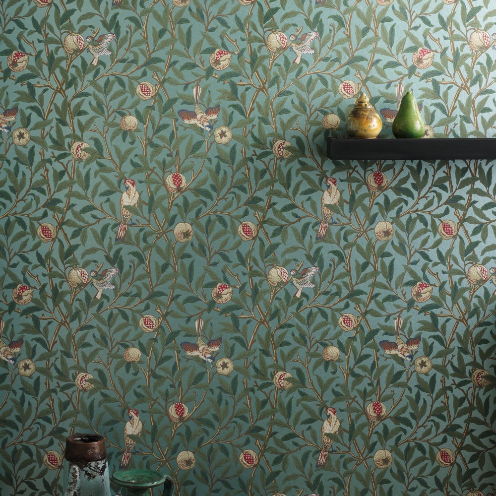 Bird & Pomegranate Wallpaper by Morris & Co in Turquoise Coral